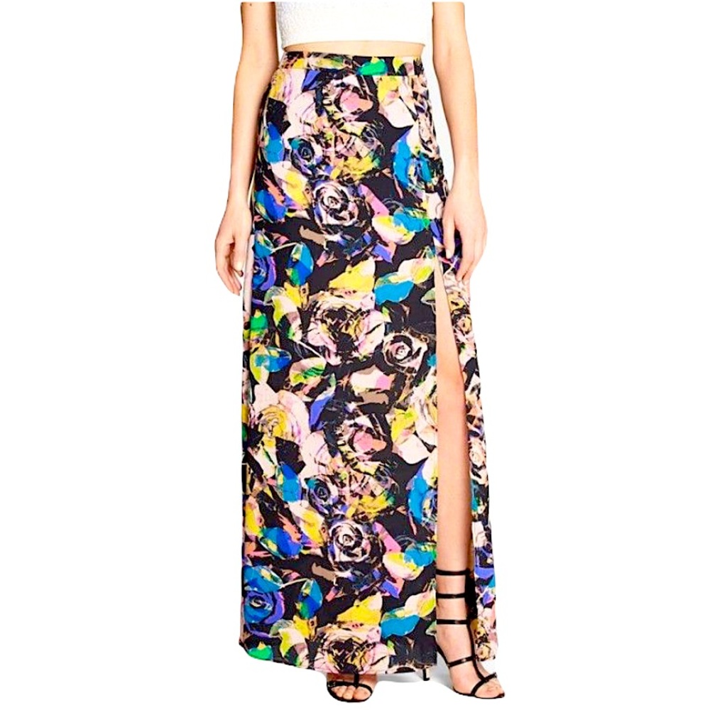 NWOT ASTR black multi color floral front slit maxi skirt XS new without tags